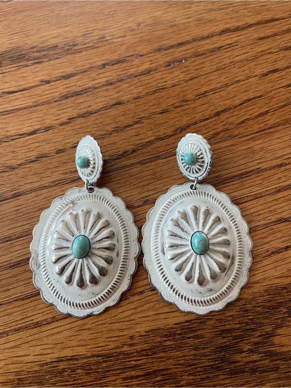 Sterling Silver-Tone Turquoise Drop Concho Earrings